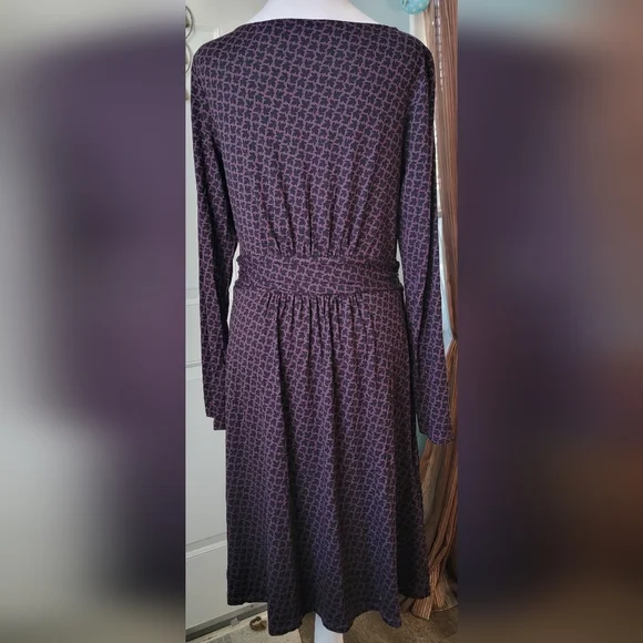 Boden Abigail Jersey Midi Dress Womens 8 Purple Black Leaf Print Long Sleeve - Picture 3 of 12